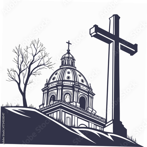 Christian cross and church dome with bare tree on hill