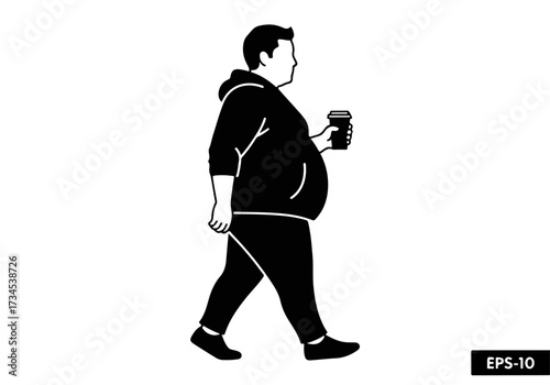 Overweight man walking with coffee, obesity concept, health issues, lifestyle, black and white vector