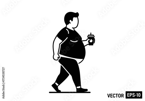 Overweight Man Walking with Drink - Health Risk, Obesity Concept, Lifestyle Illustration