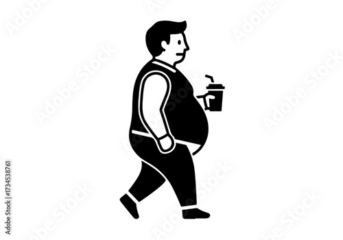 Overweight man walking with sugary drink, unhealthy lifestyle concept, vector illustration