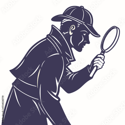 Detective in trench coat and hat examining with magnifying glass