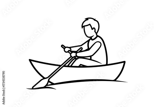 Rowing boat illustration, simple line art of man rowing, water sport, vector graphic