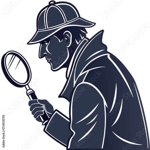Detective wearing a hat and trench coat examining with a magnifying glass