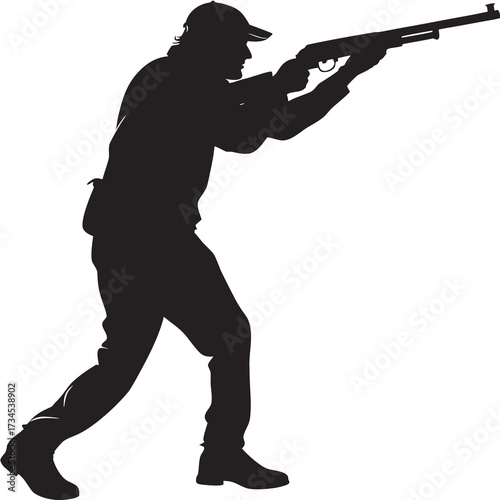 Silhouette of a man aiming a shotgun outdoors