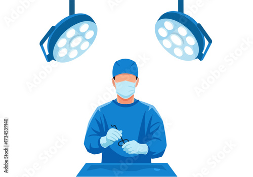 Surgeon in operating room with surgical lights, medical procedure, healthcare vector illustration