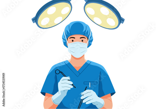 Surgeon in scrubs holding surgical instruments under operating room lights, medical professional