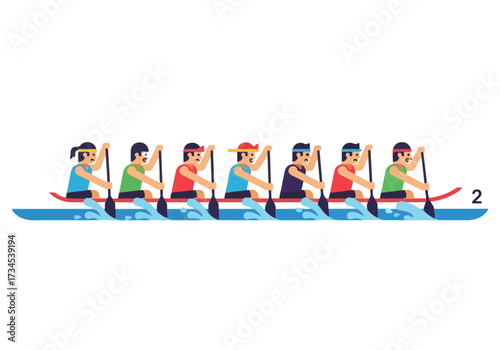 Dragon Boat Racing Team Paddling in Competition, Teamwork and Water Sport Illustration