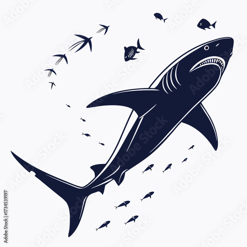 Predatory shark chasing small fish underwater scene
