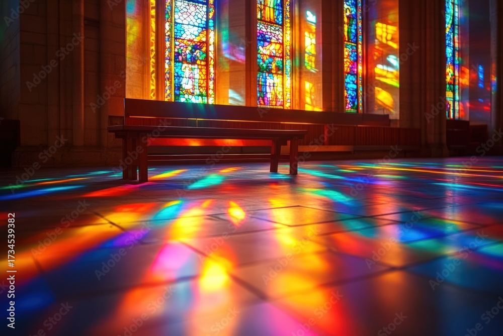 Obraz premium Colorful light streams from stained glass windows onto a bench and floor inside a building