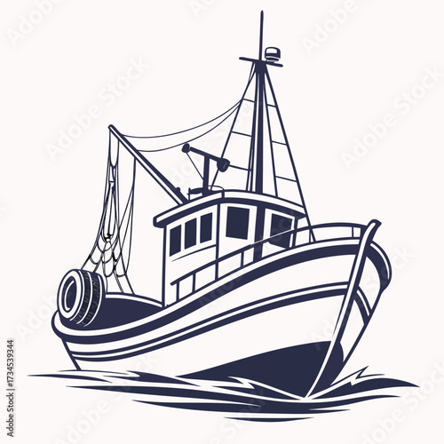 Fishing trawler boat with nets sailing on the water