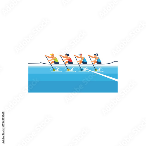 Rowing Team in Sync: Vector Illustration of Athletes in a Racing Shell on Water