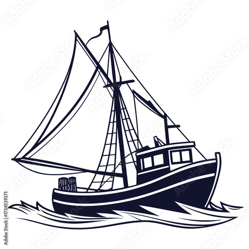 Stylized illustration of a dark blue fishing trawler boat sailing on waves