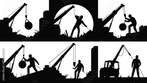 Silhouettes of construction workers with wrecking ball crane, demolition work, heavy equipment, building destruction, industrial site safety, urban construction illustration