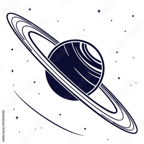 Stylized saturn planet with rings and stars in deep blue