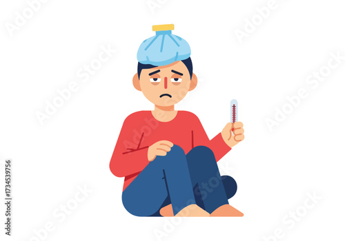 Sick man with fever and ice pack, cartoon illustration for healthcare and medical concepts