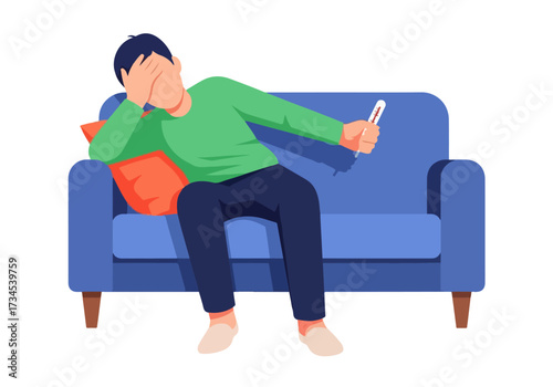 Sick man with fever sitting on couch, holding thermometer. Flu, illness, healthcare concept.