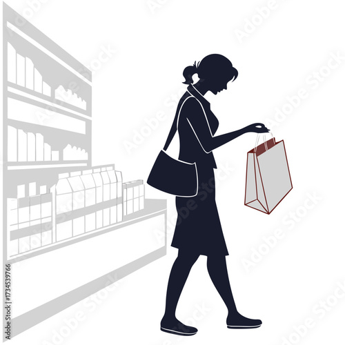 Woman silhouette walking with shopping bag in grocery store aisle