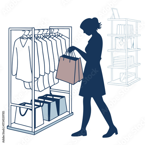 Woman holding shopping bag in front of clothing rack and shelves