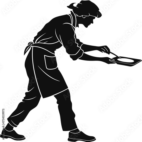 Silhouette of a chef cooking in a pan with a spatula