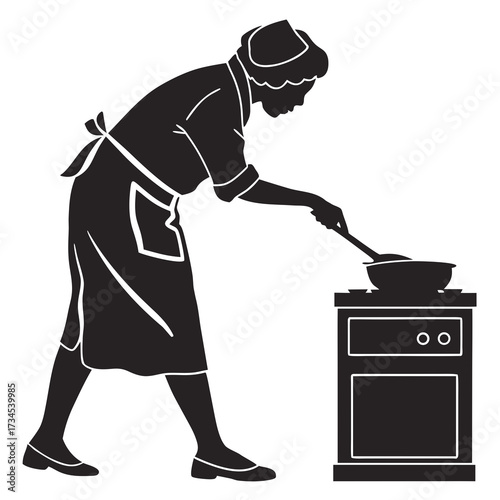 Silhouette of a woman in an apron cooking on a stove