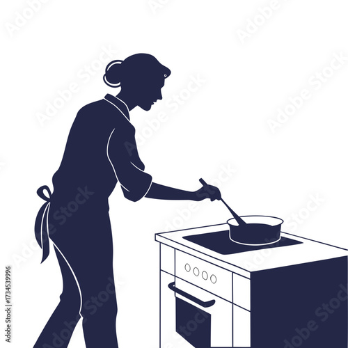 Silhouette of a woman in an apron cooking at a stove