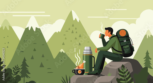 A hiker enjoying a hot drink with mountainous backdrop illustration with thermos