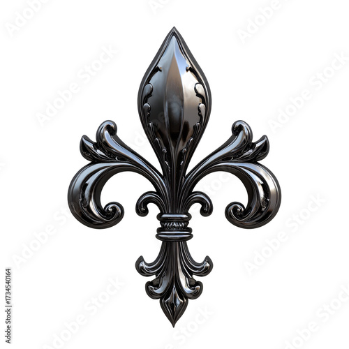 Ornate metallic fleur de lis symbol with intricate details and a regal design isolated on transparent background