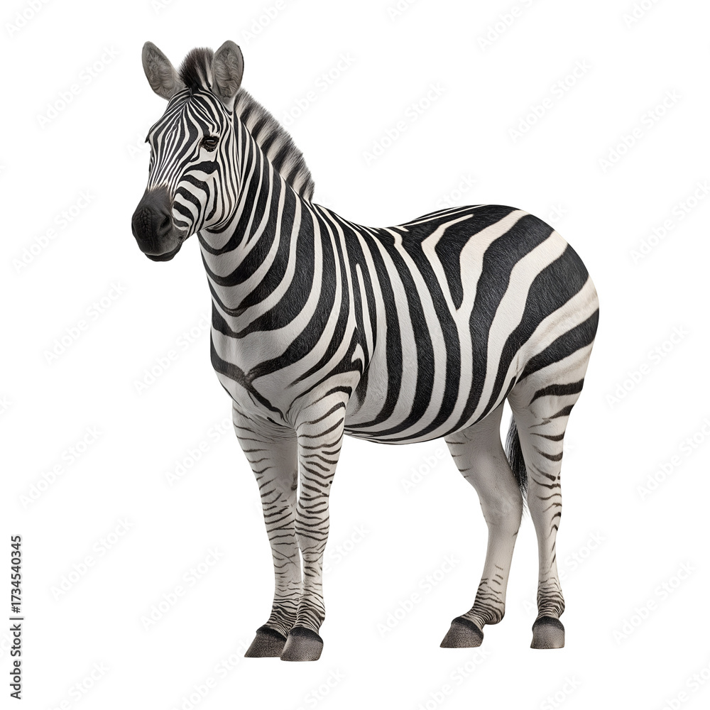 Obraz premium A zebra standing in front of a black background with its black and white stripes visible clearly