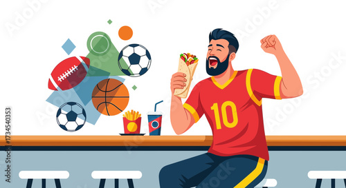 A sports fan cheers with a wrap, embodying the joy of watching games and enjoying food