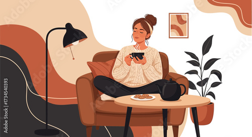 A tranquil scene of a woman enjoying a peaceful moment at home with tea and cookies and a cozy