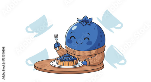 A whimsical blueberry character enjoying a blueberry tart with tea cups in background adorable scene