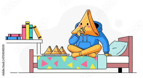 A whimsical illustration of a samosa-headed character enjoying a samosa snack in bed
