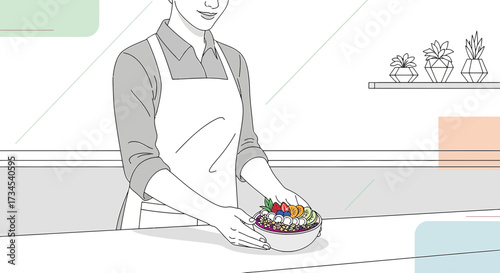 A woman holding a fruit bowl, promoting healthy eating and wellbeing in a modern kitchen