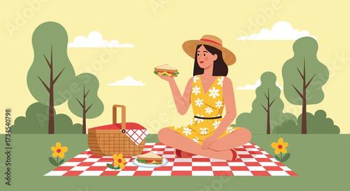 A young woman enjoying a delightful picnic in a serene park setting illustration vector art