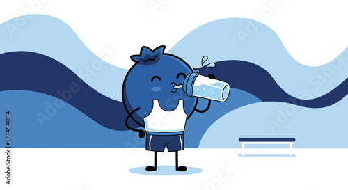 Blueberry cartoon character drinking water after workout in blue background vector illustration