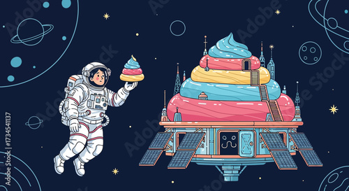 Astronaut offering ice cream cone near space ice cream castle in space cartoon drawing