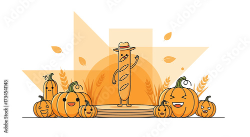 Autumn Celebration Featuring Smiling Pumpkins and a Cheerful Baguette Character