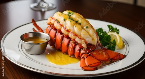 Delicious lobster tail with butter sauce and lemon on a white plate