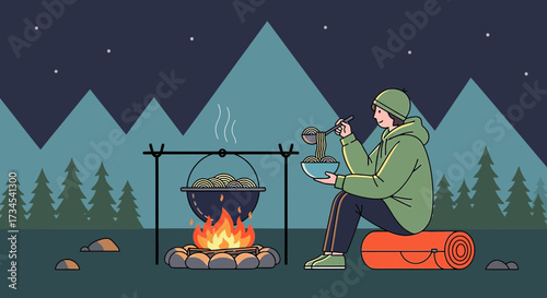 Camping adventure illustration featuring a person cooking noodles over a campfire with a serene