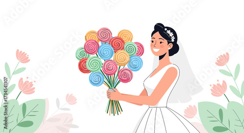 Bride holding lollipop bouquet in wedding dress surrounded by floral elements