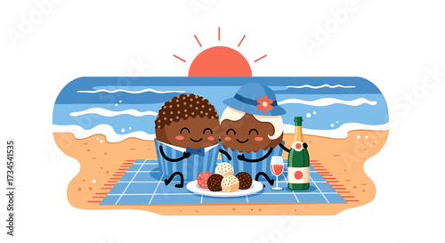 Cartoon cupcakes enjoying a beach picnic with sweets champagne and sunshine creating a sweet and