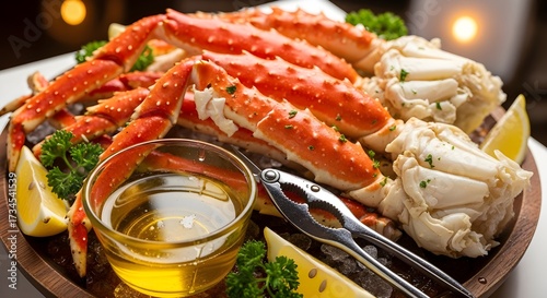 Delicious king crab legs with lemon wedges and butter sauce on a platter