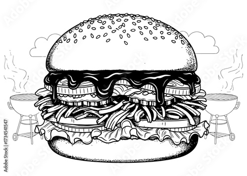BBQ pulled pork sandwich with barbecue grills in the background. Detailed black and white line art illustration, perfect for a coloring book or restaurant menu.

