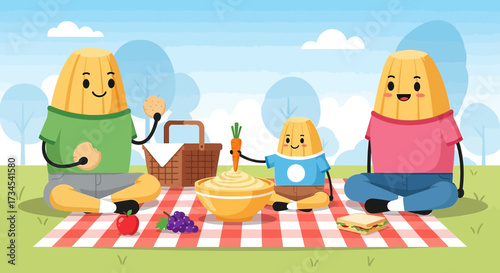Cartoon family of cute characters enjoying a picnic outdoors with food and basket under the sky