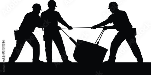 Silhouettes of construction workers lifting heavy container with ropes, teamwork, manual handling safety, building site labor, cooperative lifting, industrial work illustration