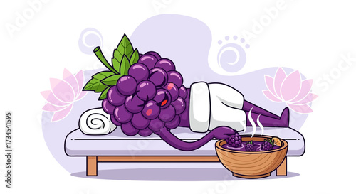 Cartoon Grape Relaxing at Spa with Foot Bath: Healthy Lifestyle and Wellness Concept