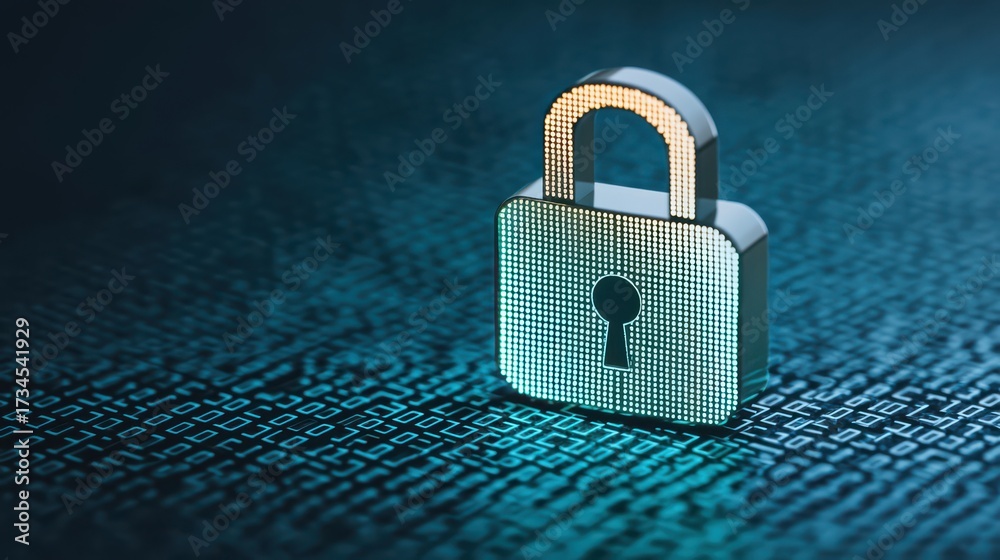 Fototapeta premium A digital padlock sits on a binary code background, symbolizing cybersecurity and data protection.