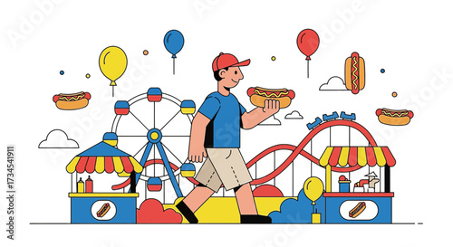 Cartoon Illustration of a Man with a Hotdog in an Amusement Park full of Thrills