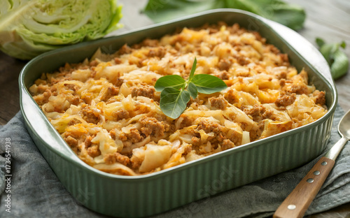 Kaalilaatikko is a cabbage casserole made with minced meat and chopped cabbage, baked in the oven.