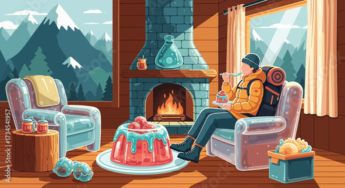 Cartoon illustration of a hiker relaxing indoors with dessert after exploring nature